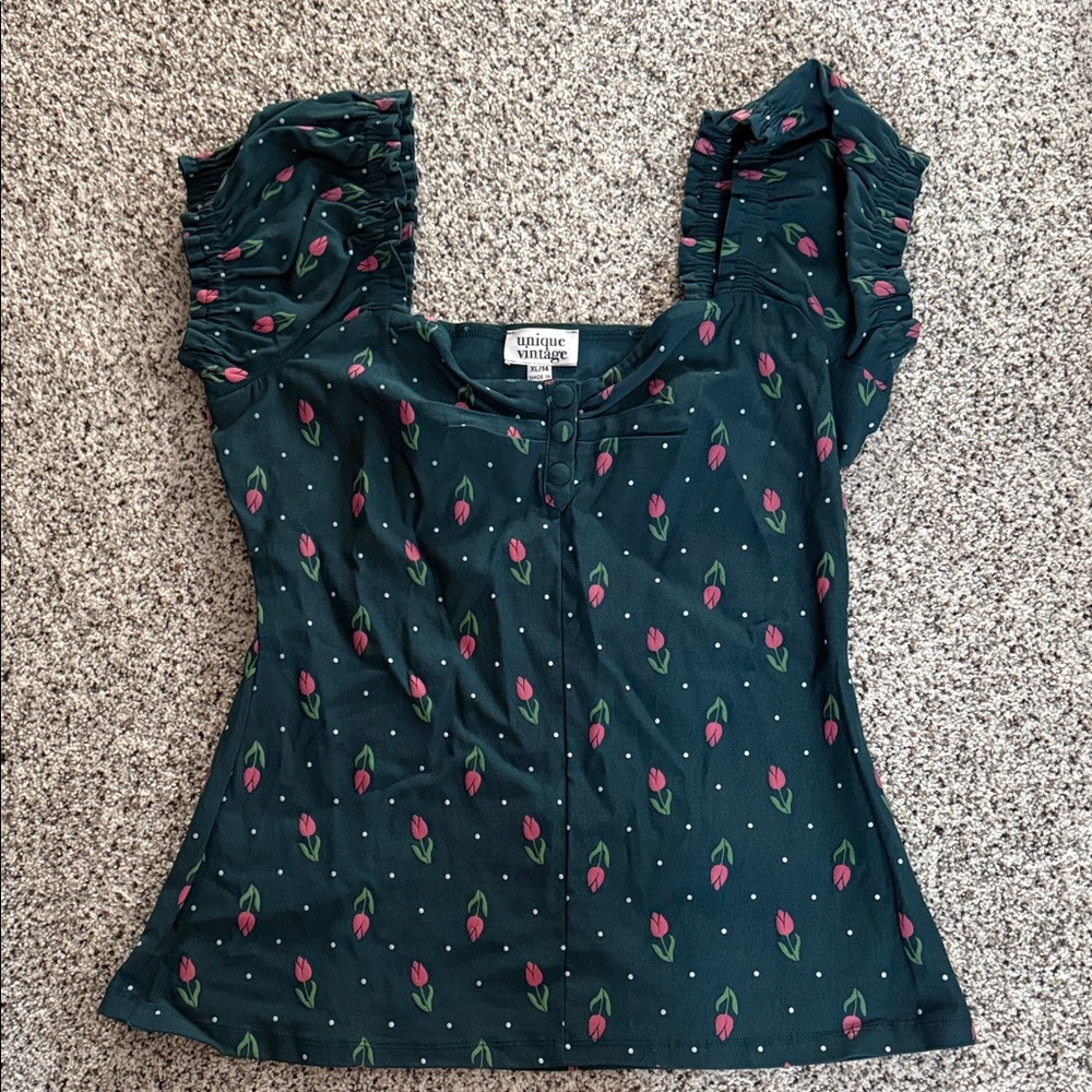 Unique Vintage Dark Green Floral Blouse